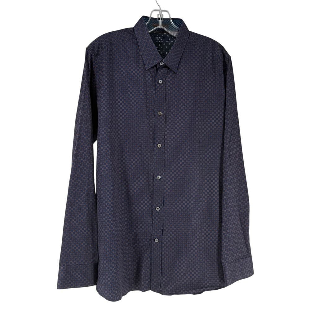 Ted Baker Shirt Mens Size 5 US XL Long Sleeve Navy Blue Patterned Button Up Top